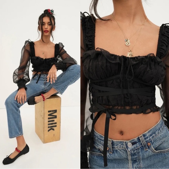 For Love & Lemons • Gabrielle Top peasant ruffle puff sleeve black sheer blouse - Picture 1 of 16
